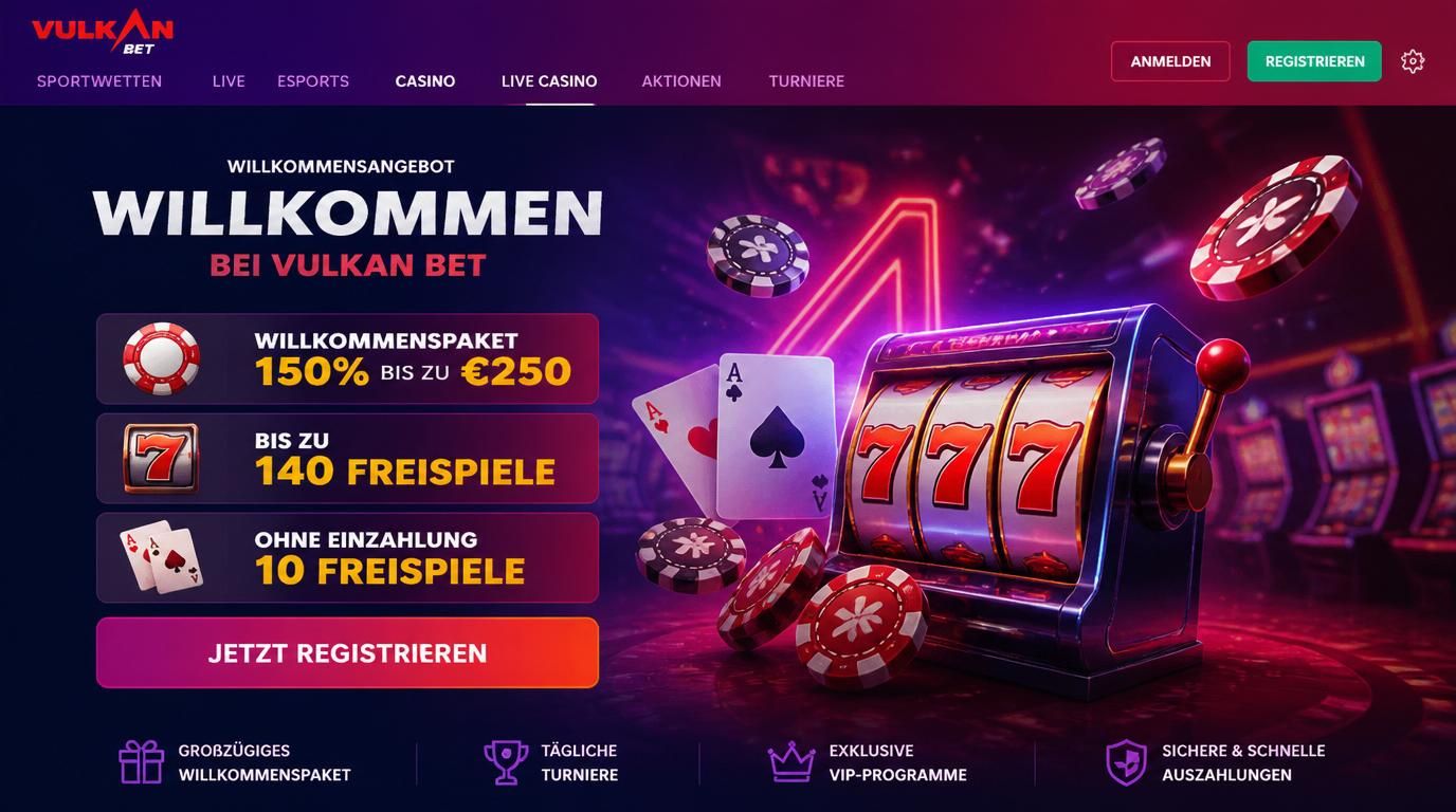 Grafische Darstellung des VulkanBet Willkommensbonus mit Angeboten und Glücksspielfeatures