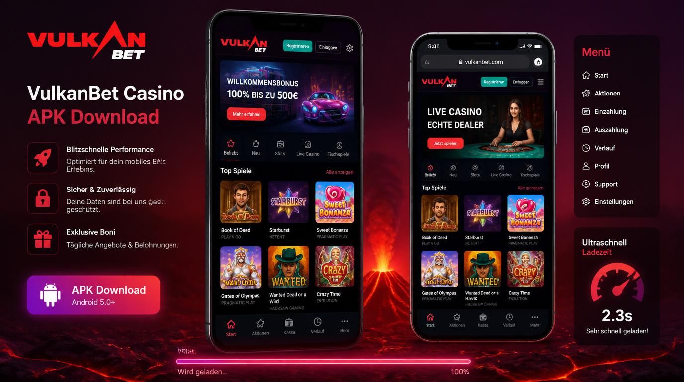 Ein Bildschirm zeigt „Casino VulkanBet APK herunterladen“, daneben „Zum Home-Bildschirm hinzufügen“ für iOS