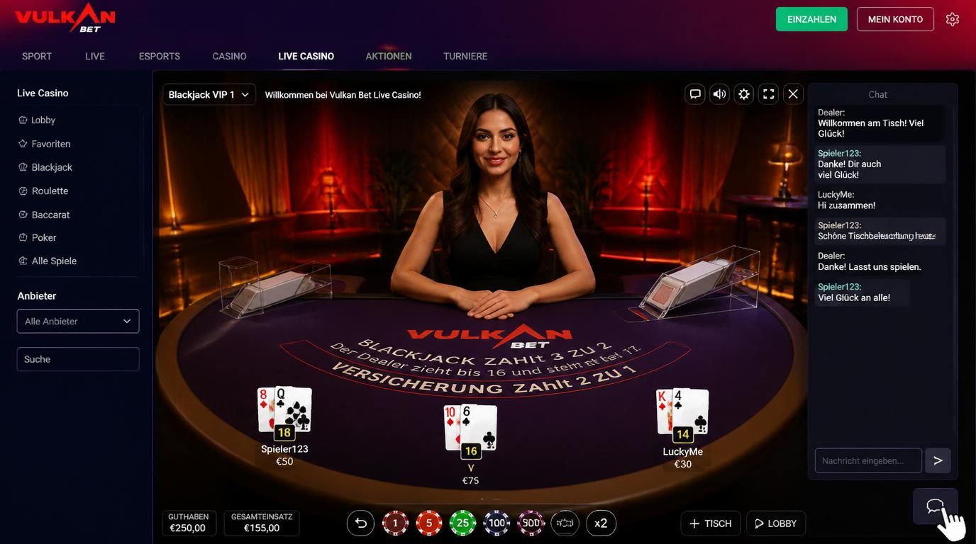 Ein Live-Dealer Tisch mit offenem Chatfenster und Nutzerinteraktion