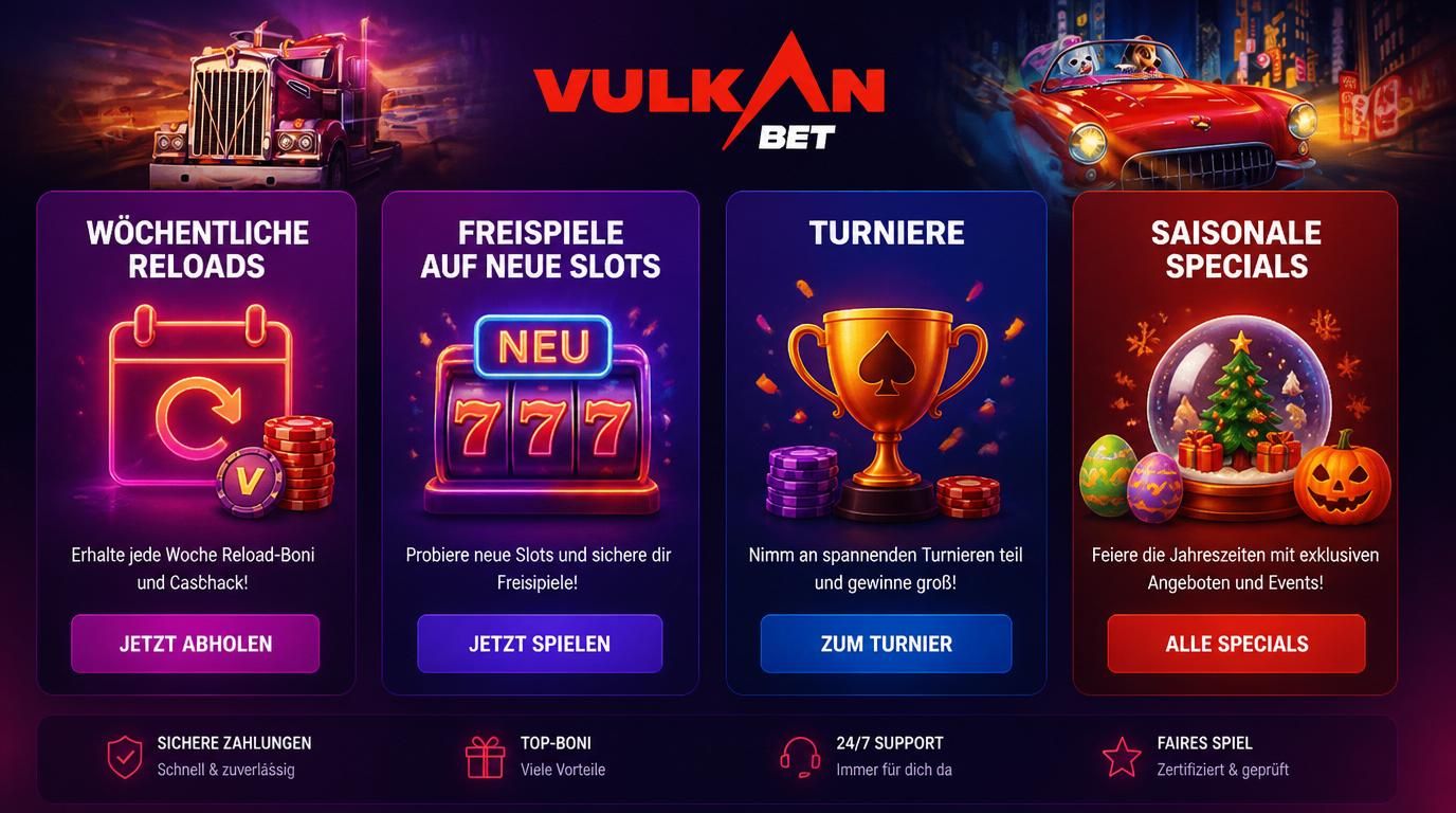 Visuelle Darstellung verschiedener Bonusaktionen wie Reload-Bonus, Freispiele, Turniere und Saisonspecials